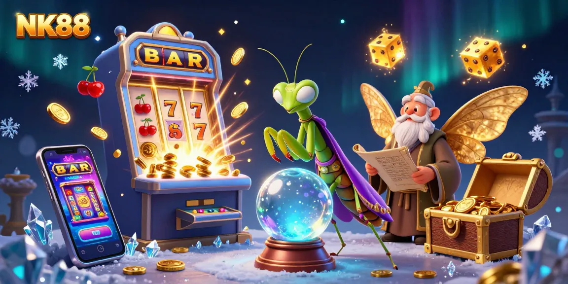 Win with NK88's vibrant casino games surrounded by enchanting characters in a magical scene.
