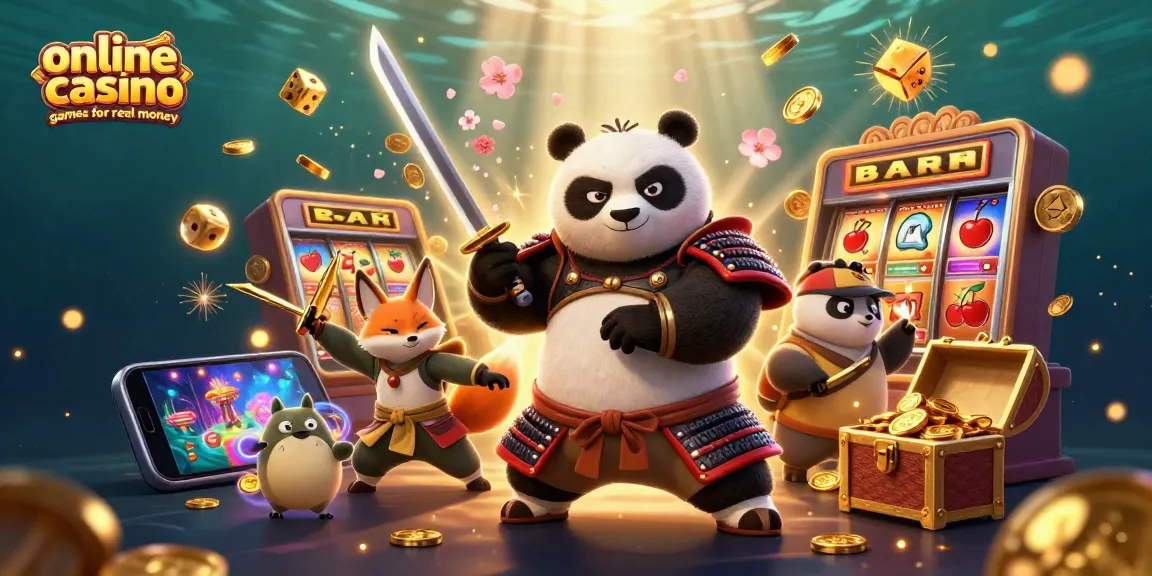 Engage in online casino games for real money with dynamic samurai panda, ninja fox, and treasure-filled slot machine.