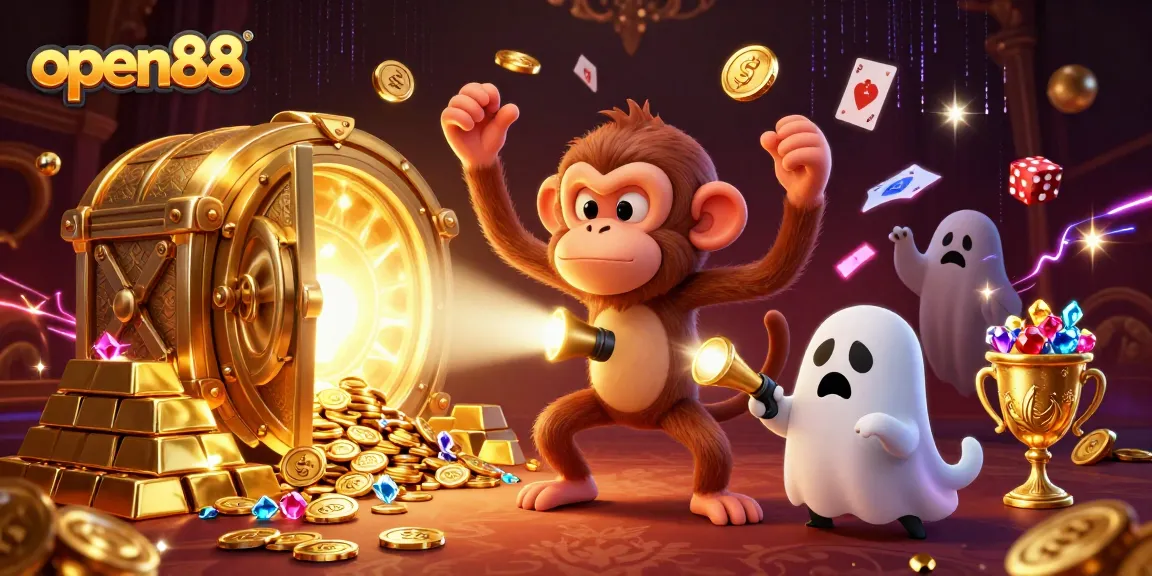 Engage with open88's haunted casino scene featuring a playful monkey and a curious puppy tracking treasures.