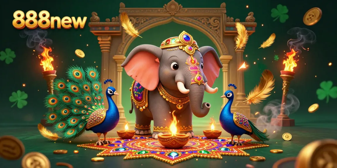 Engage with casino fun at 888new featuring a lively elephant, peacock, and dynamic gaming elements.