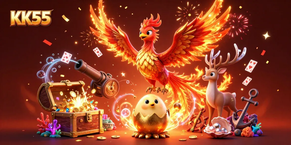 Experience epic wins at KK55 with vibrant gaming scenes featuring phoenixes and treasure chests.
