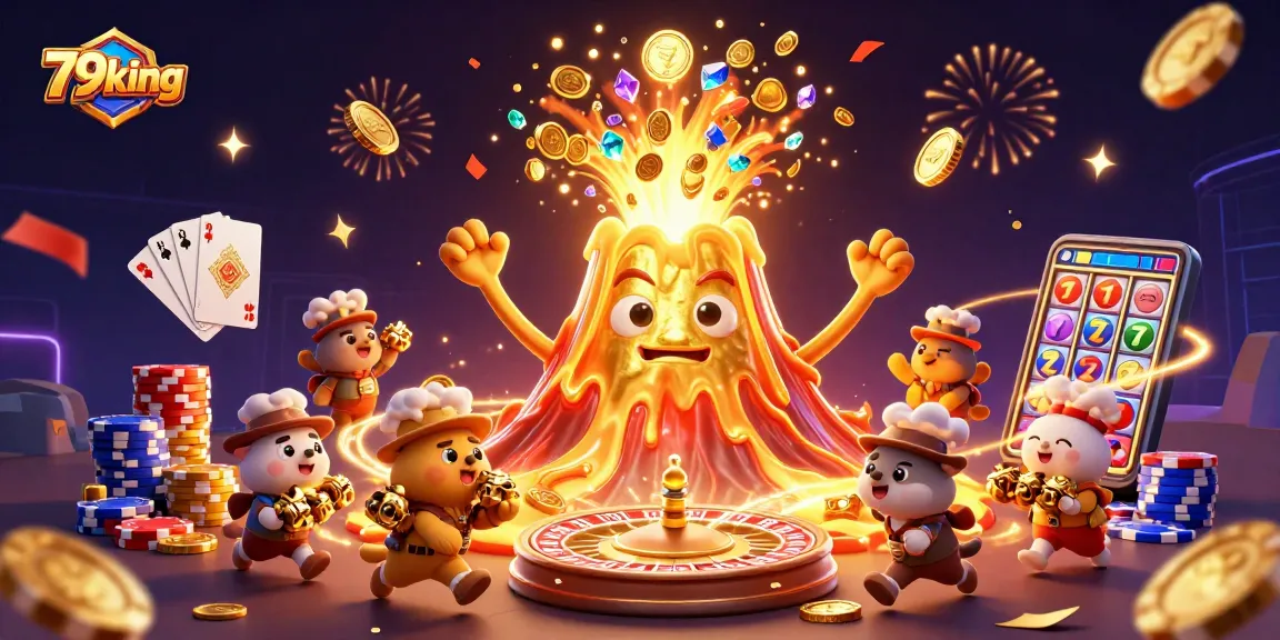 Win big prizes at 79king with explosive treasures and thrilling game elements in this vibrant casino illustration.
